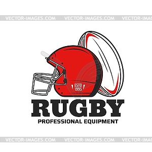 Rugby sport icon with ball and scrum cap or helmet - vector image