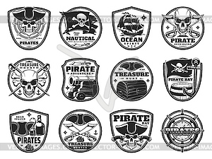 Пиратство и пиратские геральдические значки, символы - иллюстрация в векторном формате