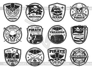 Piracy and pirate heraldic icons, symbols - vector clip art