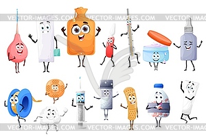 Cartoon pills, drugs and medicament characters set - vector image