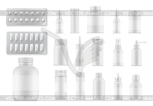 Таблетки и лекарства реалистичные бутылки, упаковки - стоковый клипарт