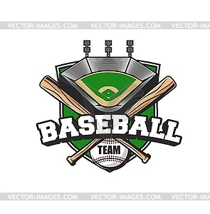 Baseball sport team icon, ball, bats and stadium - vector clipart