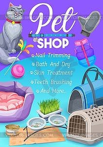 Pet shop, cat care items poster with kitten, promo - vector clip art