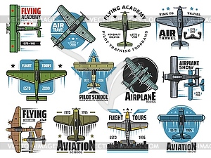 Flight school icons aviators academy labels - vector clipart / vector image