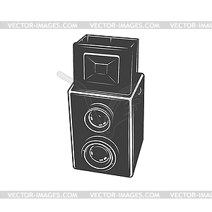 Old photo camera or film reels and strips box icon - vector clip art