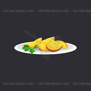 Дольки жареного или запеченного картофеля на тарелке - векторный клипарт EPS