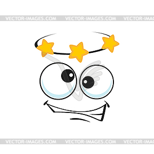 Cartoon dizzy face, dizziness emoji with stars - vector clipart