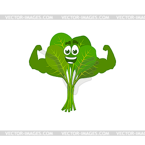 Cartoon spinach sportsman demonstrate power, green - vector clip art