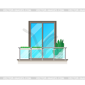 Balcony window, house with glass fence banister - vector clipart