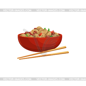 Soyabean noodles, chopsticks in bowl icon - vector clip art