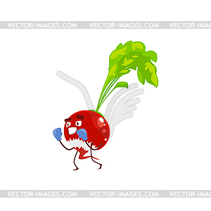 Cartoon radish vegetable plant in boxing gloves - vector clip art