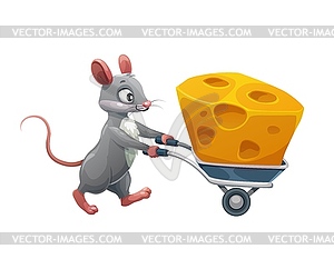 Cartoon mouse and cheese in wheelbarrow, character - vector clipart