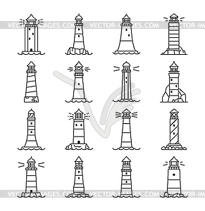 Lighthouse and beacon buildings outline icons - vector clip art