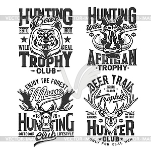 Hunting club t shirt prints, safari hunt animals - vector image