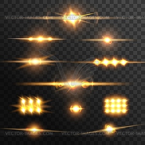 Lens glow flare effect, golden light beam or flash - vector clipart