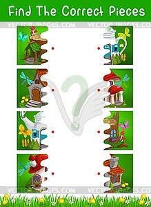 Half pieces kids game. Fairytale houses, dwellings - vector image