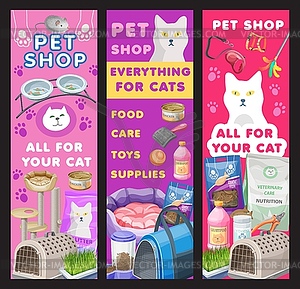 Баннеры для ухода за кошками и зоомагазина, товары для котенка - иллюстрация в векторе