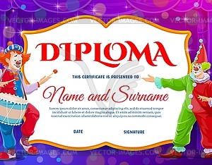 Kids education diploma certificate with clowns - vector clip art