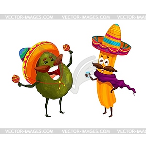 Cartoon mexican churros, avocado happy characters - vector image