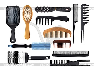 Hairbrushes and combs, realistic hair brush - vector image