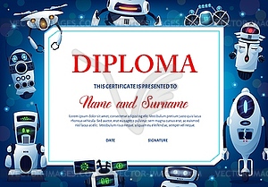 Kids education diploma with robots, certificate - vector clipart