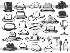 Hats, caps and panamas, hat cleaning accessories - vector clip art