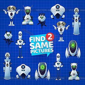 Find two same robot droids, kids riddle board game - color vector clipart