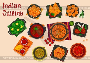 Indian cuisine food with curry and dessert dishes - vector clipart