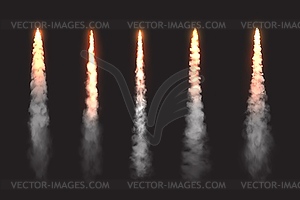 Rocket fire smoke trails, spacecraft launch clouds - vector image