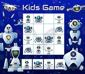 Kids puzzle block game with robots, sudoku - vector clip art