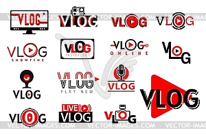 Иконки видеоблога, кнопка воспроизведения ТВ-блога, прямая трансляция - векторное изображение клипарта