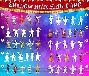 Circus clowns shadow matching game or puzzle - vector clip art