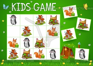 Sudoku game with cartoon fairytale houses, animals - vector image