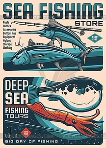 Fishing tackles shop, travel tours retro banners - vector image