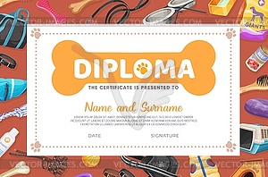 Dog pet care diploma, certificate template - vector clip art