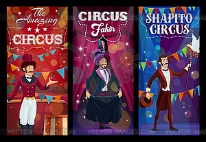 Shapito circus entertainer and magician characters - vector image