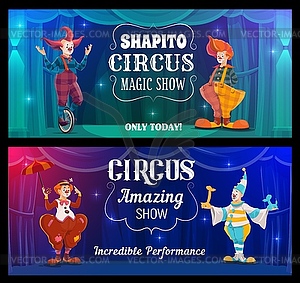 Шапито цирковое шоу, баннеры мультяшных клоунов - клипарт Royalty-Free