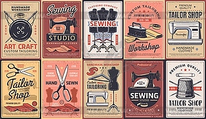 Sewing posters, tailor shop atelier, dressmaking - vector image