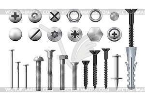 Metal bolts, screws, nuts and nails or fasteners - vector clip art