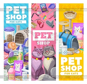 Pet care banners, cat care items and toys, goods - vector clip art