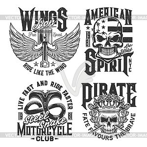 Motorcycle races club, skull or wing t-shirt print - vector clipart