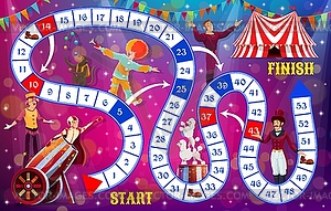 Kids board game, circus funfair and clowns puzzle - vector image