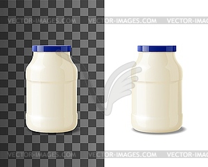 Glass jar of mayonnaise, realistic food packaging - vector image