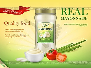 Natural mayonnaise sauce glass jar promo banner - vector EPS clipart