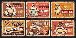 Coffee house, shop and roastery rusty metal plate - vector image