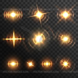 Lens light flare, fiery energy burst or headlights - vector clipart