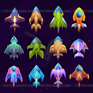 Cartoon starship, spacecraft and spaceship icons - vector image