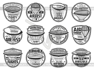 Dirigibles and hot air balloons flight tours icons - vector image