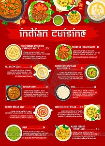 Indian cuisine restaurant dishes menu page layout - vector image