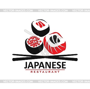 Japanese cuisine restaurant icon, rolls and sticks - vector image